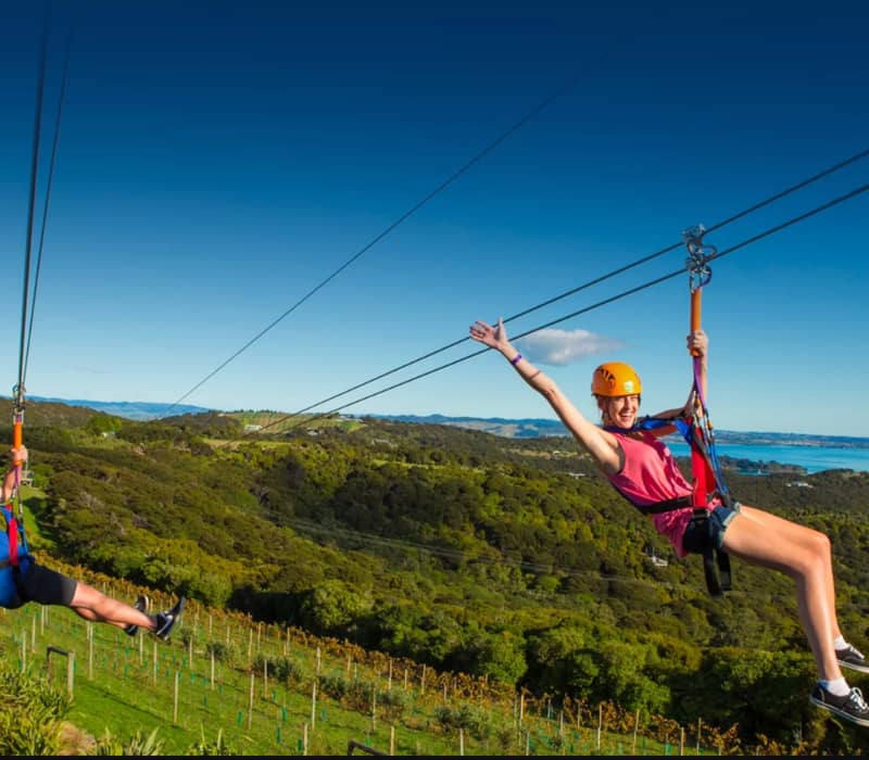 Two people ziplining over green hills with blue sky and coastline in the background. Credit: Ziplines New Zealand