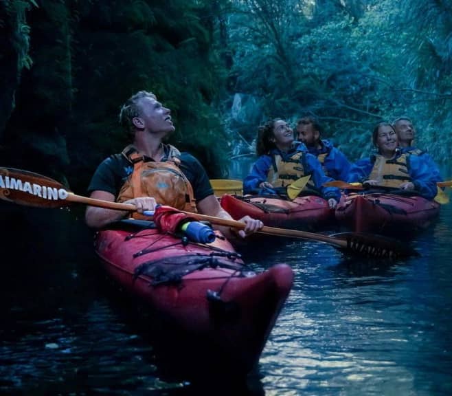 Group kayaking inside a dark cave with life jackets and paddles on calm water Credit: Waimarino Kayak Tours