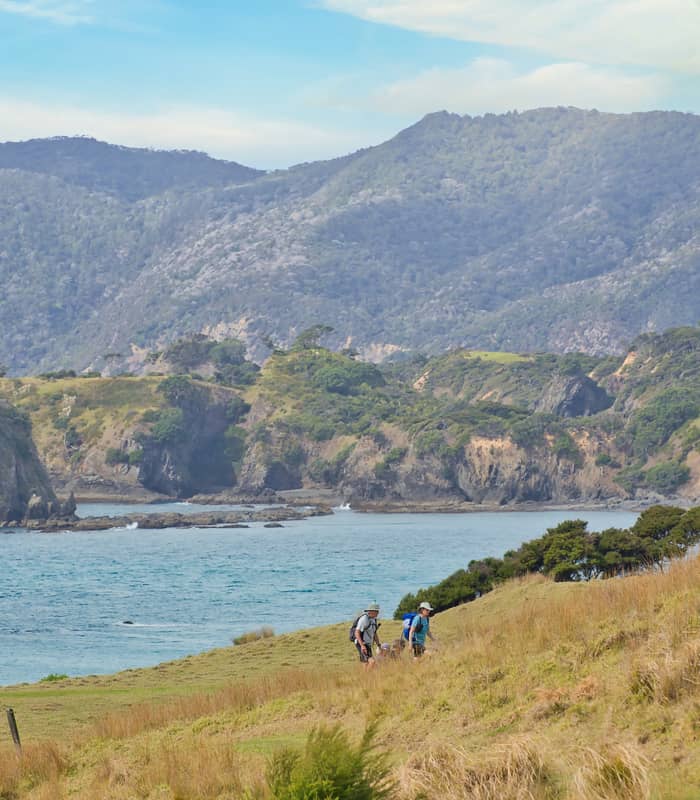 Hikers follow grassy coastal trails with sweeping views on Urupukapuka Island.