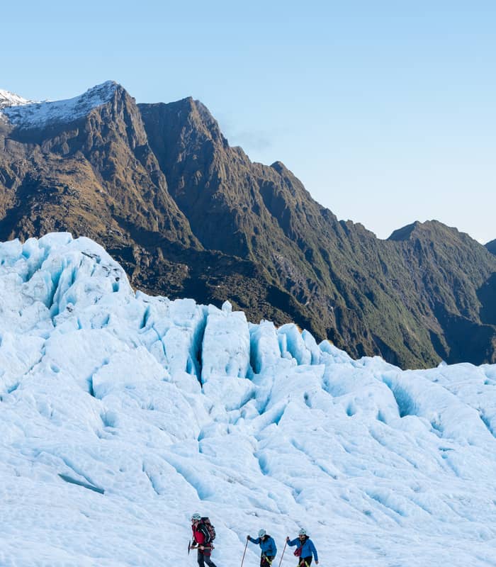 Three people—a guide in red and two hikers in blue—trek across a vast, undulating field of white and blue glacial ice, with steep, rugged green and brown mountains in the background under a clear sky.
