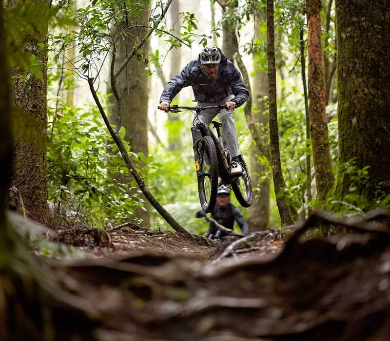 A mountain biker in a dark jacket and helmet is captured mid-air during a jump on a forested trail, with another rider visible in the background and dense green ferns surrounding the track.