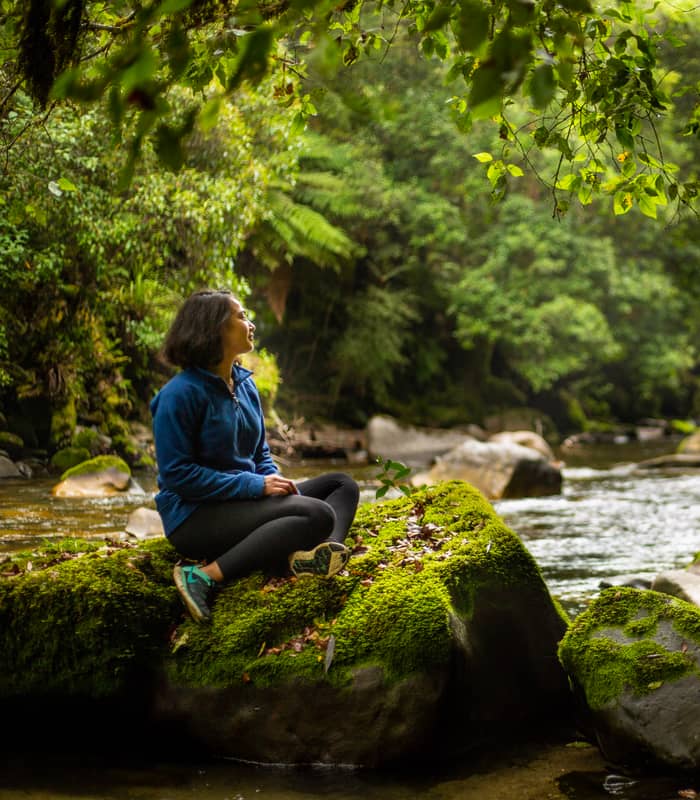 Woman sitting on mossy rocks beside a river in a dense green forest.