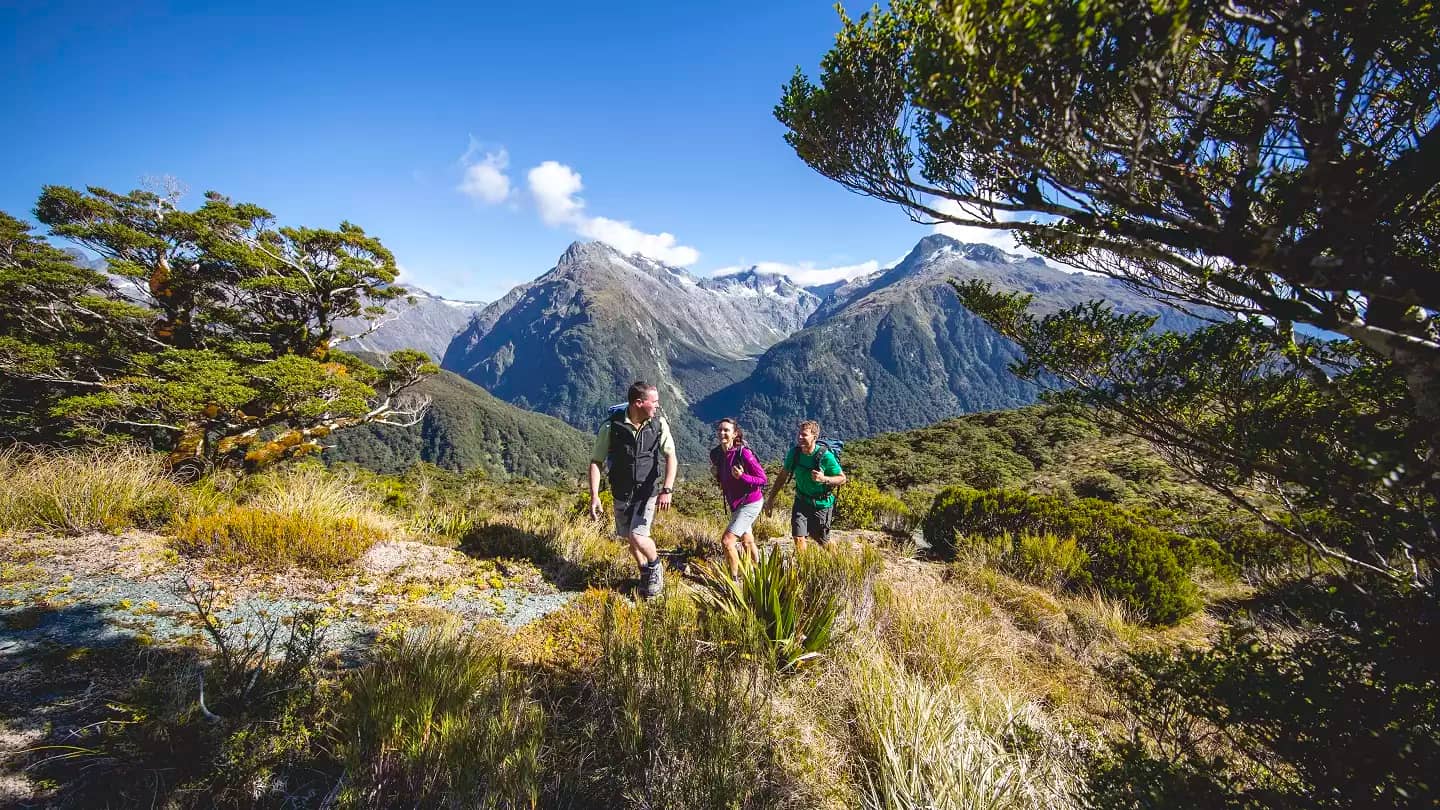 Three hikers walking on a trail with mountainous landscape and clear sky.
