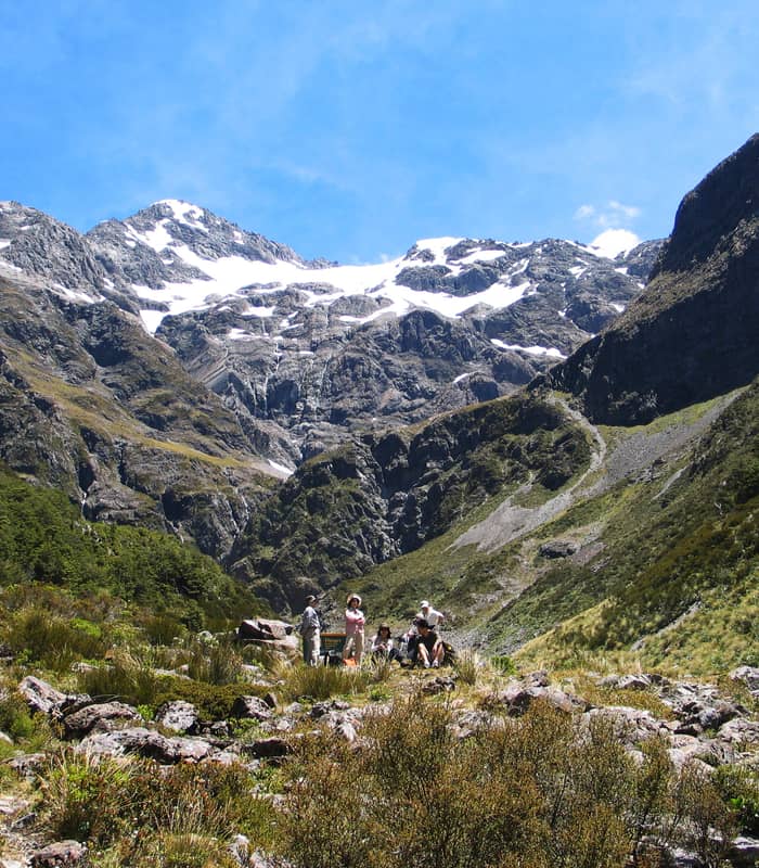 Hikers resting in a green valley with snow-capped mountains and clear blue sky at Arthur's Pass.