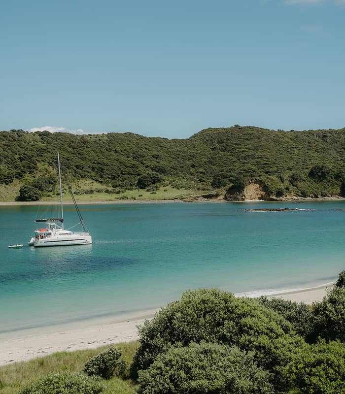 Aerial shot of a sailboat in turquoise waters near a green island and a sandy beach.